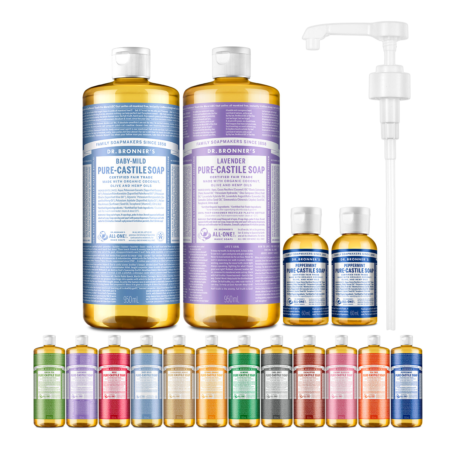 닥터브로너스 캐스틸 솝 950ml 2개+60ml 2개+펌프 세트